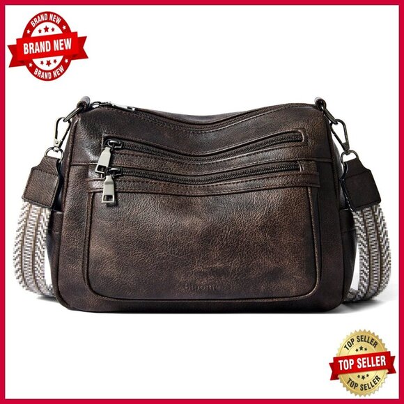 Handbags - Medium Large Vegan Leather Crossbody Bag with Adjustable Strap, Multiple Pockets